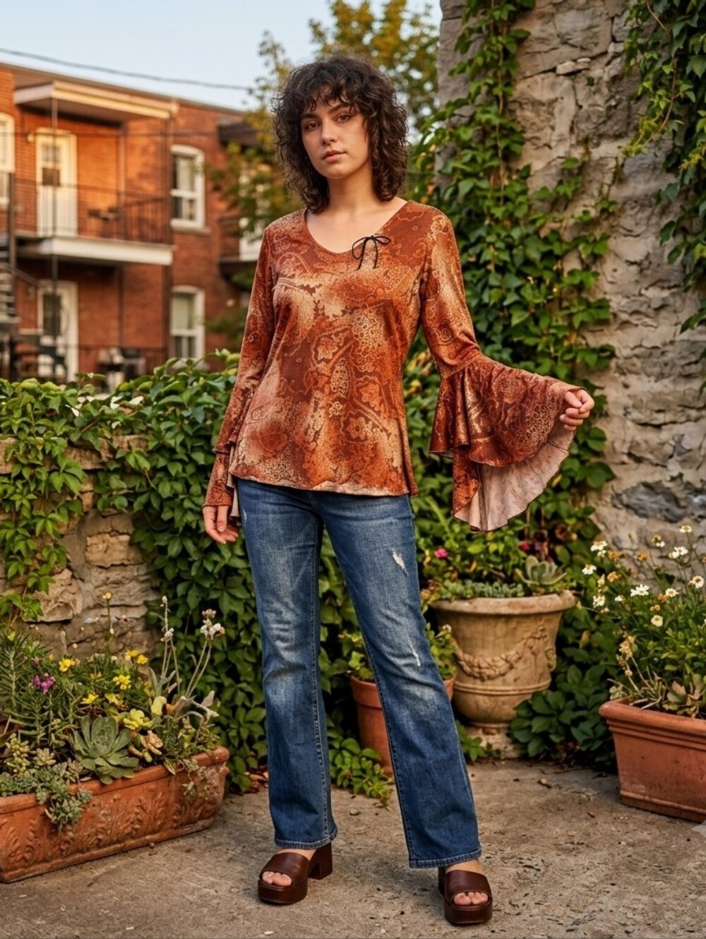 Vintage Y2K Whimsigoth Paisley Bell Sleeve Top | Earthy Boho Shimmer Blouse